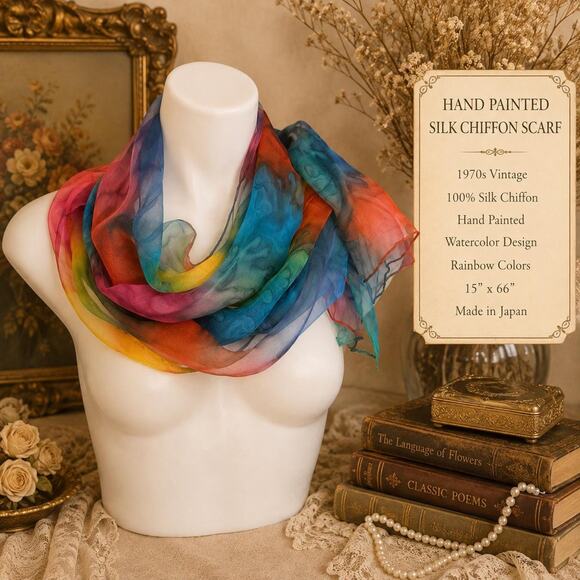 Hand Crafted Accessories - Vintage Hand Painted Silk Chiffon Scarf 1970s Rainbow Watercolor 15x66